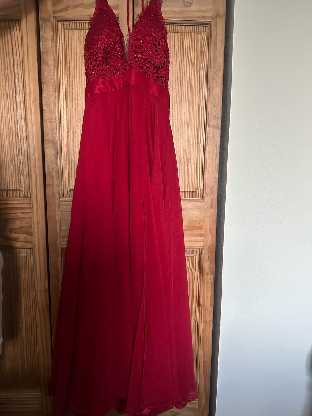 Jovani Red Lace V-Neck Prom Gown